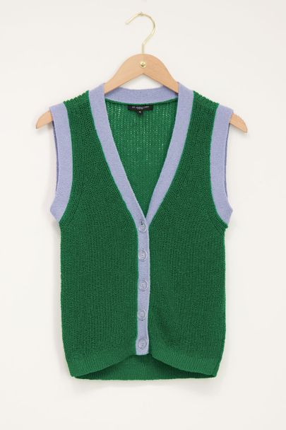 Green sleeveless jumper with blue hems & buttons