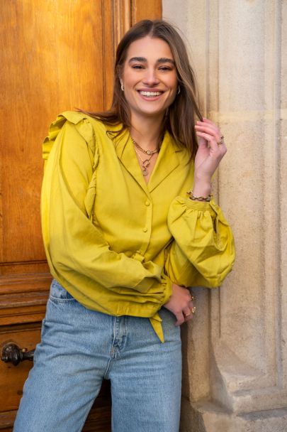 Limegroene linnen blouse met ruffles