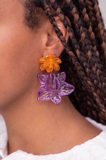 Island earrings with orange and purple flower