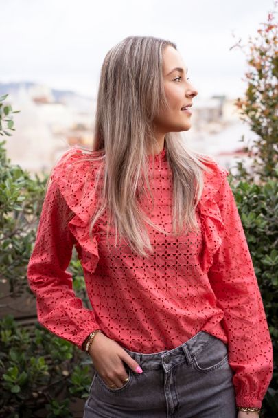 Coral embroidered blouse with ruffled collar