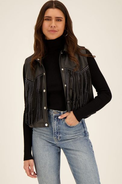 Leather look fringed gilet with studs