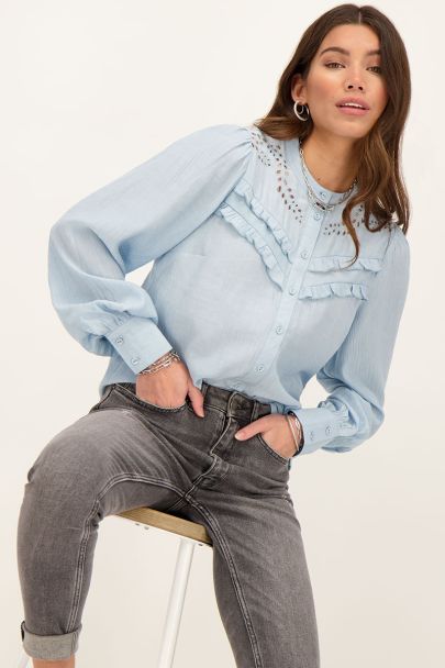 Light blue embroidered blouse with ruffle