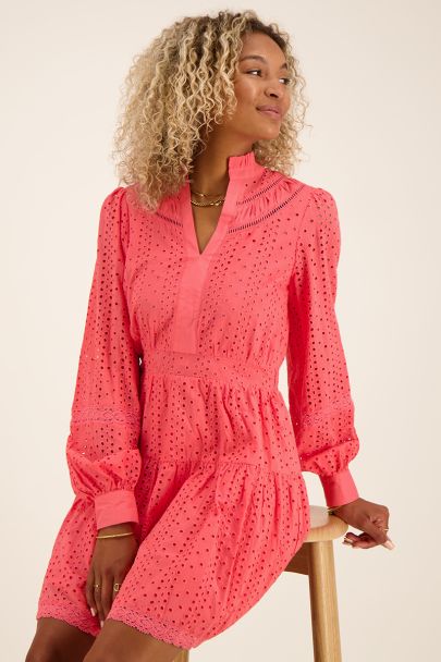 Coral crochet dress with ruffled collar