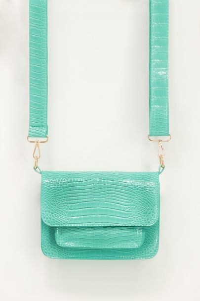 Turquoise schoudertas met croco print