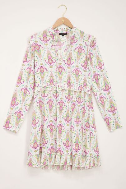 White ruffled dress with multicoloured boho print