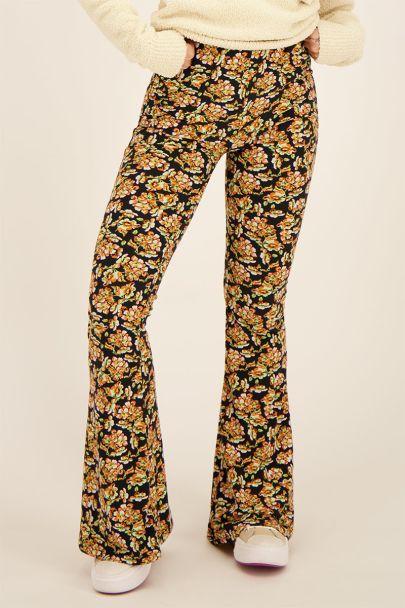 Flared leggings with floral print & neon details