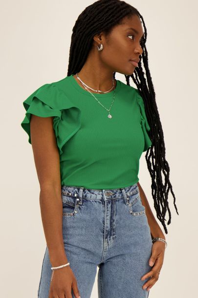 Green striped top with ruffled sleeves