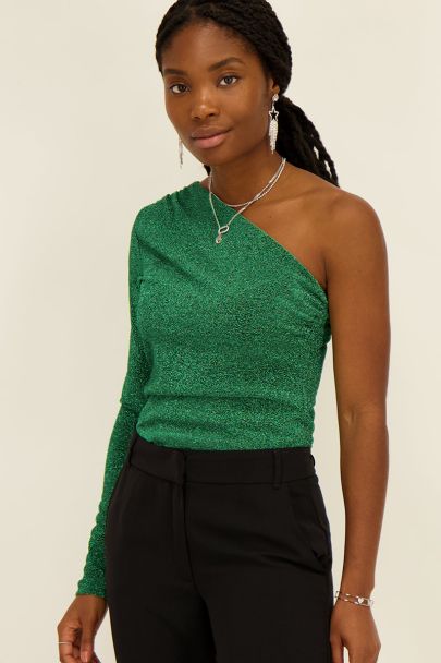 Groene one-shoulder top met lurex