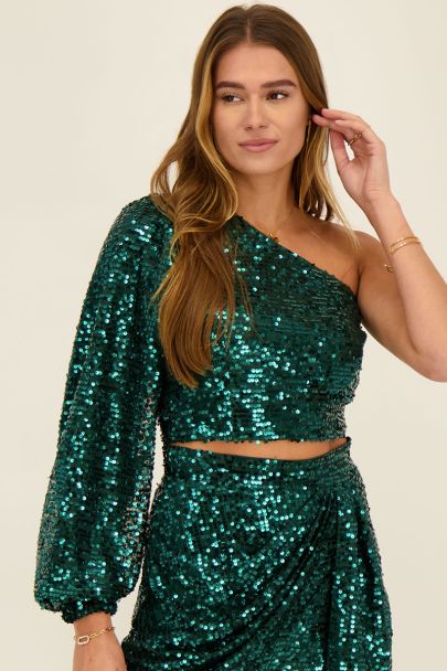 Groene one-shoulder top met pofmouw en pailletten 