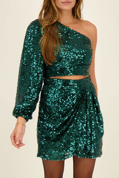 Green one-shoulder puff-sleeved top with sequins