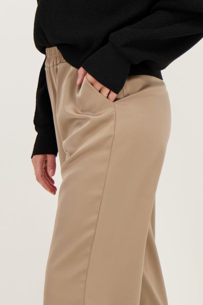 Beige satin wide leg trousers with elasticated waist