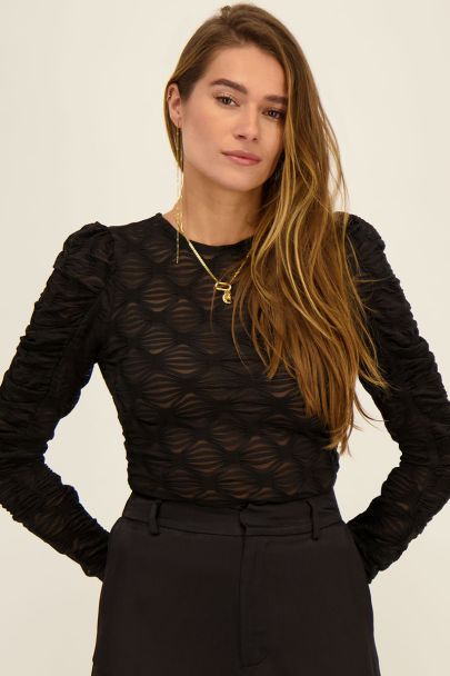 Zwarte mesh top met gedrapeerde mouwen