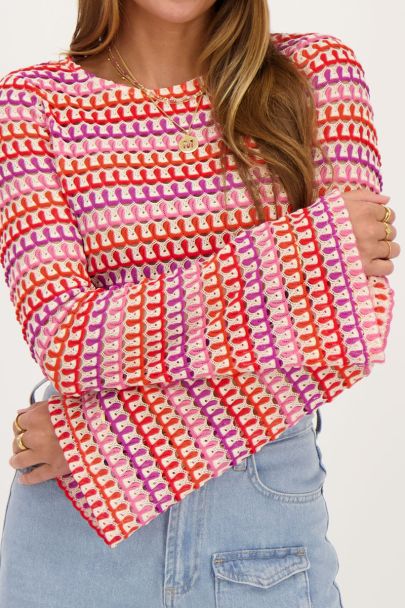 Multicoloured crochet top with flared sleeves