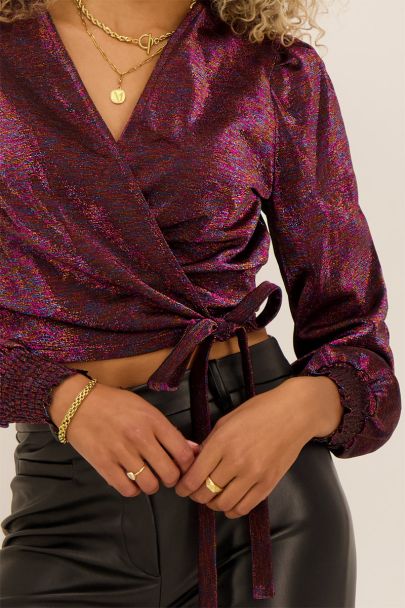 Multicoloured glitter wrap top with puff sleeves