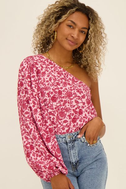 One shoulder top met roze bloemenprint