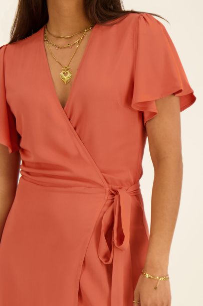 Robe portefeuille midi orange à manches chauve-souris