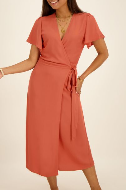 Orange butterfly sleeve midi wrap dress