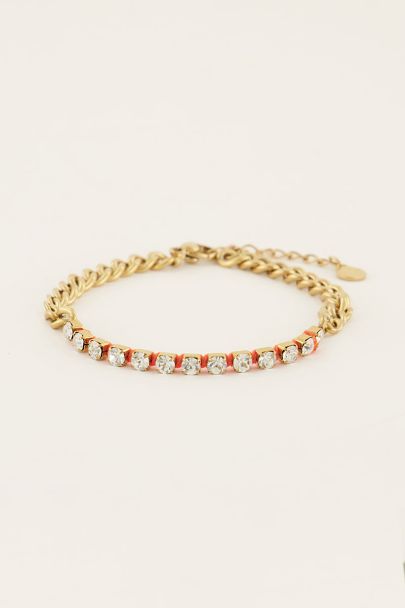 Orange chain bracelet with clear rhinestones