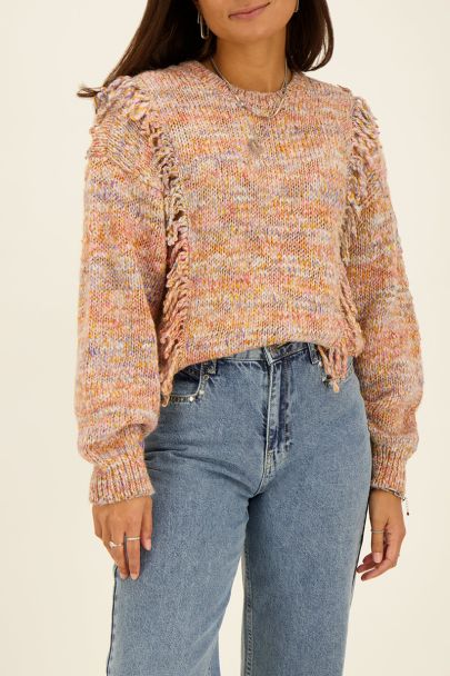 Orangefarbener Spacedye Oversize Pullover mit Fransen