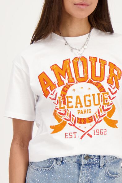 Weißes T-Shirt mit orangefarbenem "Amour"