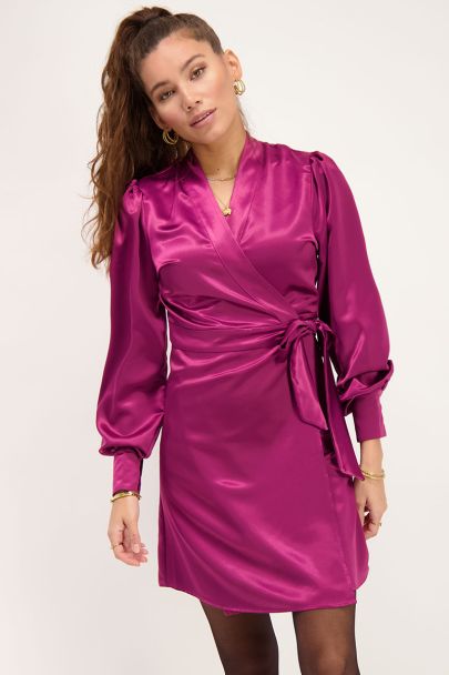 Purple satin look wrap dress