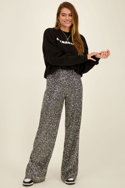 Zilveren wide leg broek met pailletten 