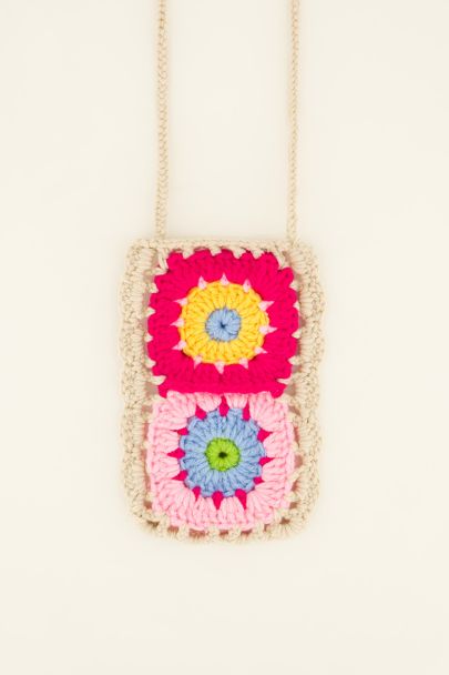 Phone bag with hand-knit flowers