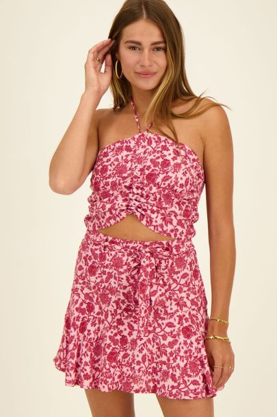 Skort met riem & roze bloemenprint 