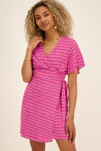 Pink floral print wrap dress