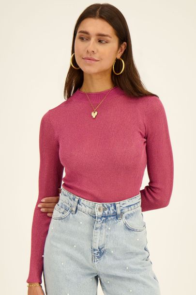 Pink lurex top with upright collar