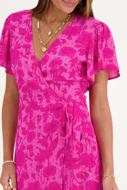 Roze midi wikkeljurk met bloemenprint