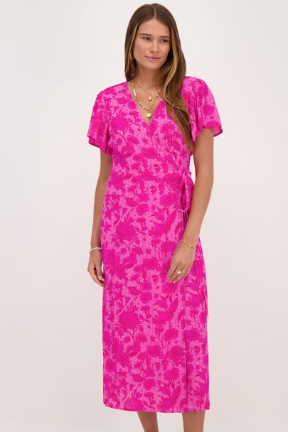 Roze midi wikkeljurk met bloemenprint