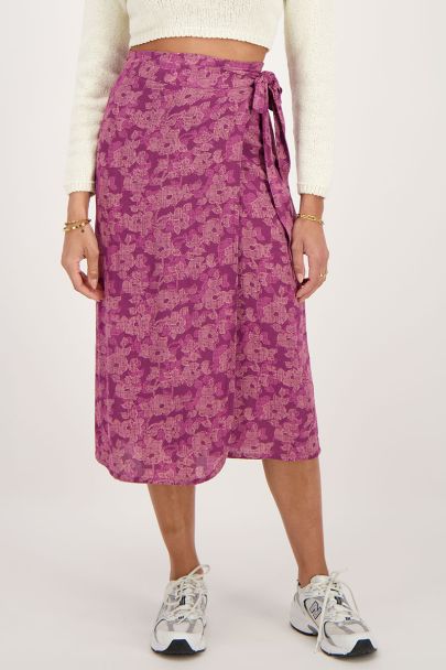 Pink midi wrap skirt with flower print