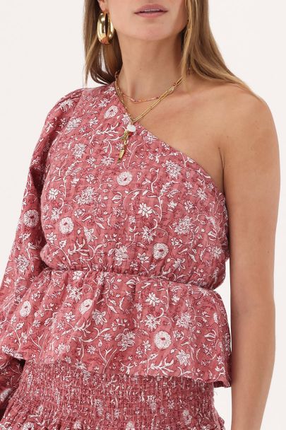 Pinkes One-Shoulder-Oberteil mit Schößchen und Blumenmuster