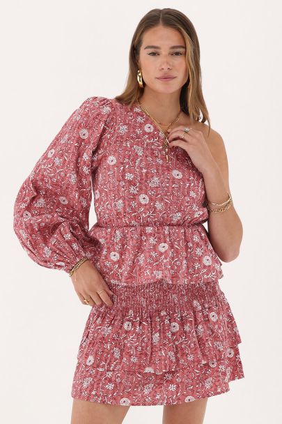 Pinkes One-Shoulder-Oberteil mit Schößchen und Blumenmuster
