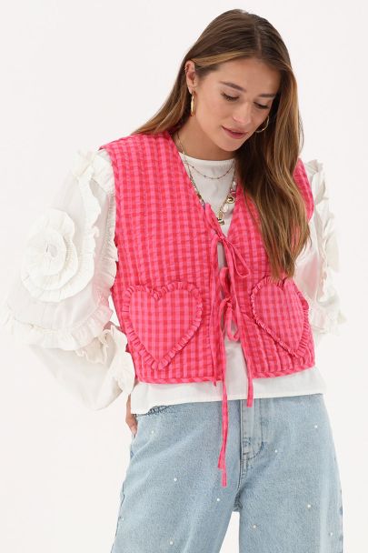 Roze gestreepte gilet met strikjes & hartvormige zakken