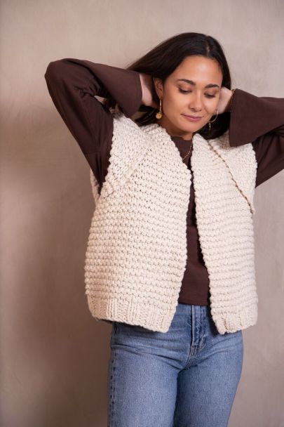 Beige chunky knit gilet with shoulder pads