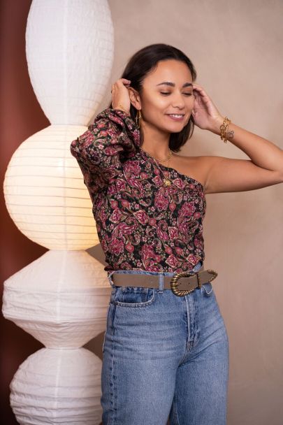 Zwarte one shoulder top met gekleurde paisley print