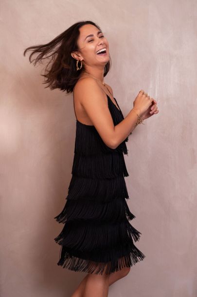 Black fringed dress with spaghetti straps