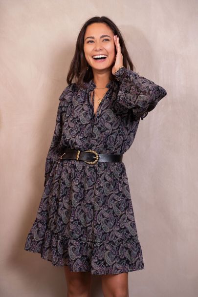 Black ruffled paisley print dress