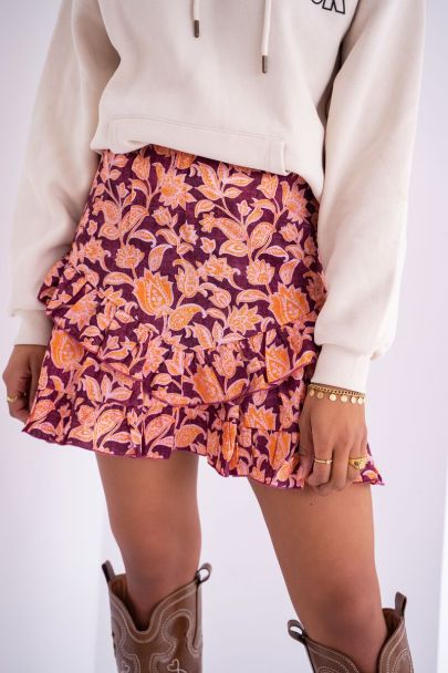 Paarse rok met bloemen print & ruffles