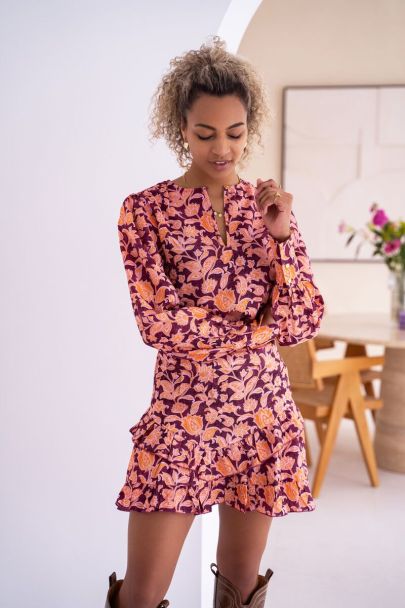 Paarse rok met bloemen print & ruffles