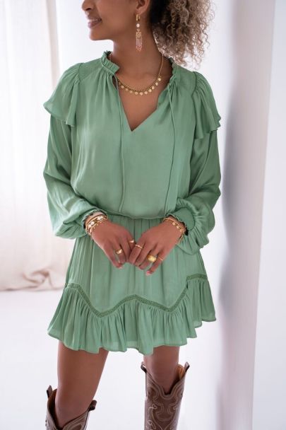 Mint green satin-look skirt with ruffles