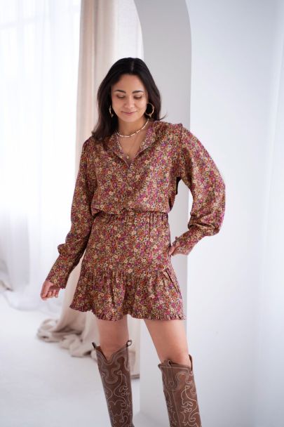 Groene rok met multikleur bloemenprint & ruffels
