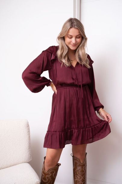 Dark red ruffled satin look dress