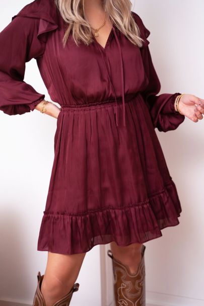 Dark red ruffled satin look dress