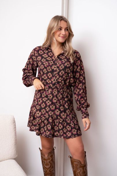 Zwarte blouse met bruin & roze bloemenprint