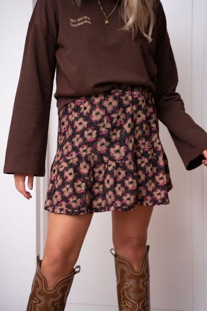 Zwarte rok met bruin & roze bloemenprint