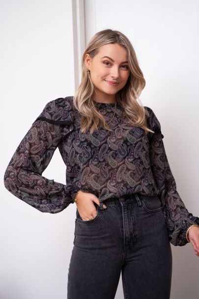 Black ruffled paisley print blouse