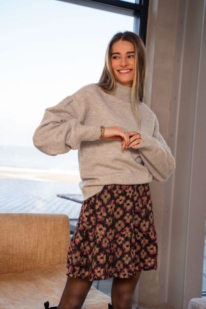 Zwarte rok met bruin & roze bloemenprint